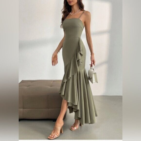 Asymmetrical Hem Ruffle Trim Spaghetti Strap Dress Green - Picture 1 of 8
